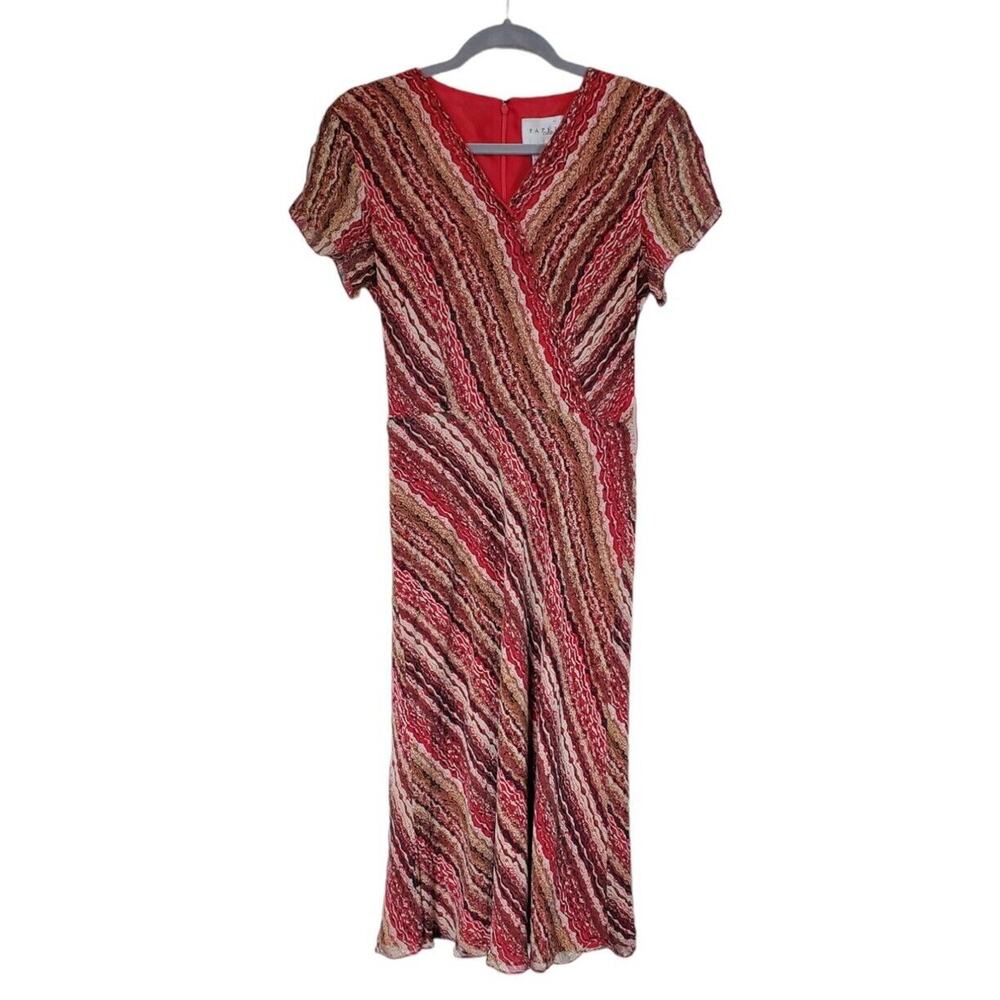 Papell Boutique 100% Silk Red Desert Sandstone V-Neck Cocktail Midi Dress Size 6